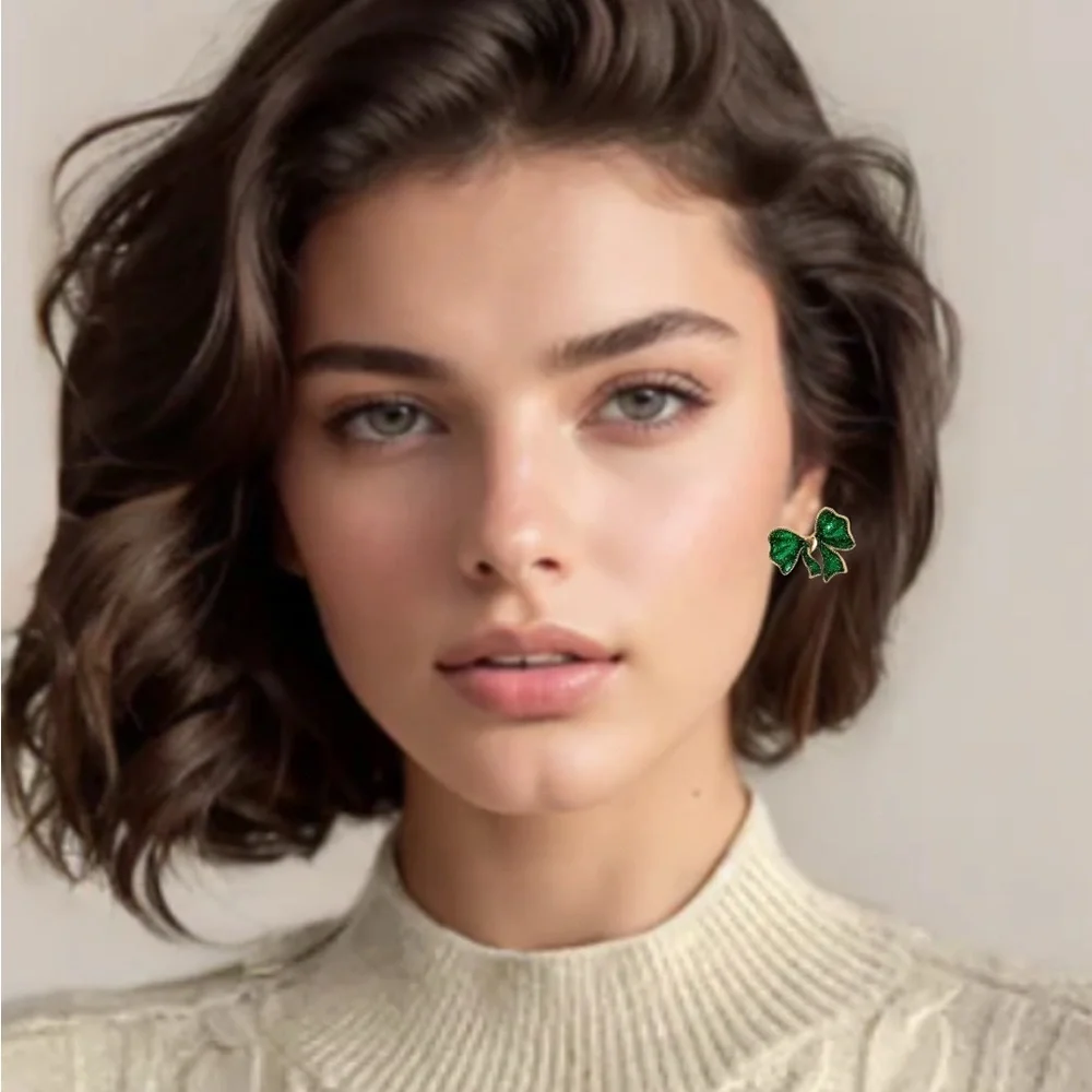 Glittery Bowknot Druzy Emerald Green Gold Stud‎ Earrings St. Patrick’s Day NEW